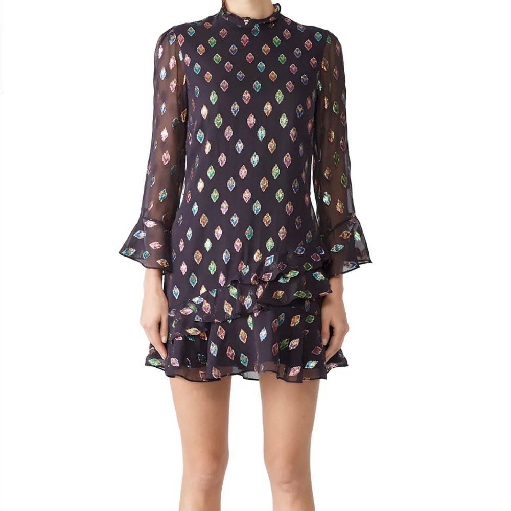 SALONI Black Sheer Ruffle Mini Dress with Iridescent Foil Motif